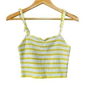 Free People Hyde Crop Top Women's S Yellow White Stripe Smocked Ruffle Cotton